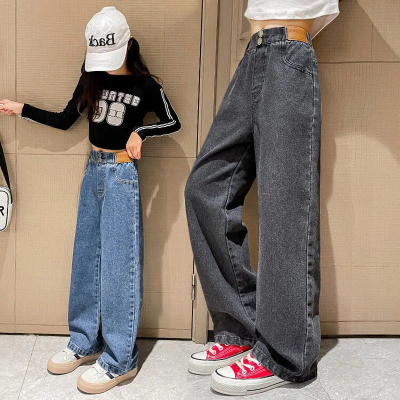 Spring Autumn Teenager Girls Denim Pants Children Trousers New Fashion Solid Color Girls Wide Leg Jeans 4-14 Years Kids Clothes