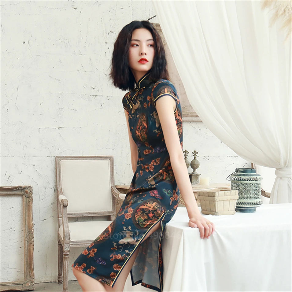 Chinese Traditional Dress Cheongsam  Women Girls Party Wedding Fashion Vintage Retro Crane Floral Print Satin Short Dress