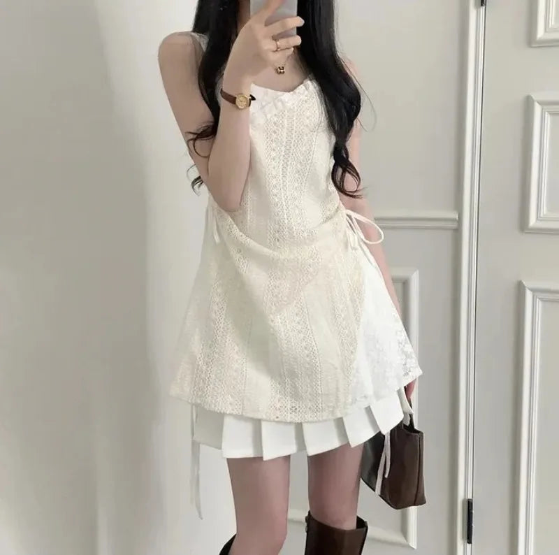 Summer Dress Women Chic French Lace Stitching Sling Shirt Stacked Gauze Knitted Dress Overskirt Inner Wear Base Short Dress - Seprincess