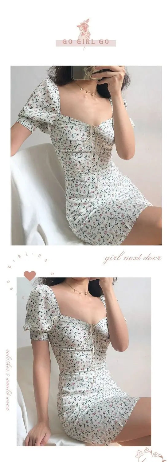 Y2K Floral Mini Dress Women Bandage Lace Puff Sleeve Summmer Skinny Slim Bodycon Prom Party High Waist Vintage Dresses Woman - Seprincess