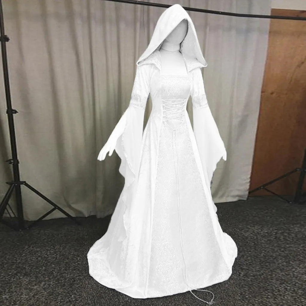 Women's Medieval Renaissance Vintage Gothic Hooded Long Dress Sexy White Lace Up Drawstring Halloween Queen Princess Cosplay - Seprincess