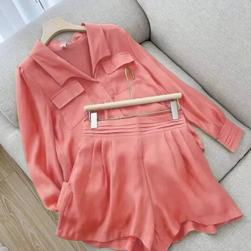 Spring Shirt Two Piece Set For Women Summer Shorts 2 Piece Sets Suits Solid Color Long Sleeve Shirt Short Casual Outfits Female - Seprincess