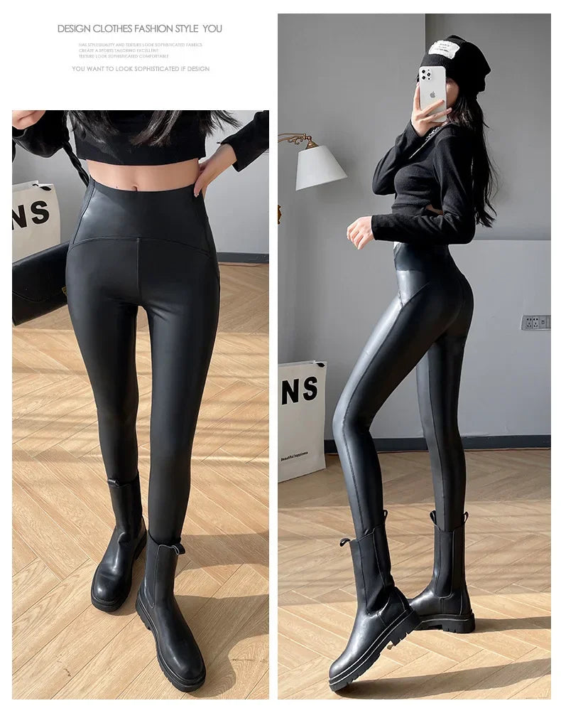 Autumn Winter Women Fleece Matte Leather Leggings High Quality Sheepskin High Waist Elastic PU Leather Pants Slim Sexy Leggings