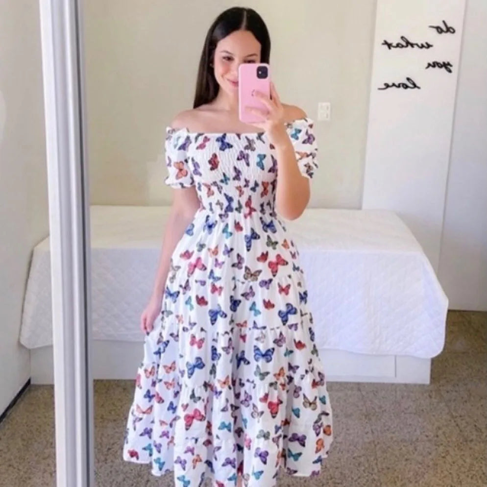 Elegant Women's Off Shoulder Midi Dress 2024 Summer Fashion dresses High Waist Flower Print Short  Sleeve Dress Robe Clothing - Seprincess