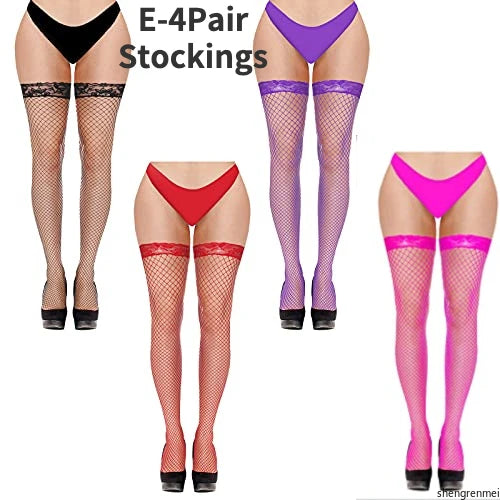 4 Pairs Women Stockings Fishnet Thigh High Top Over The Knee Stocking Sexy Women's Stockings with Lace Top Hosiery Club Wear