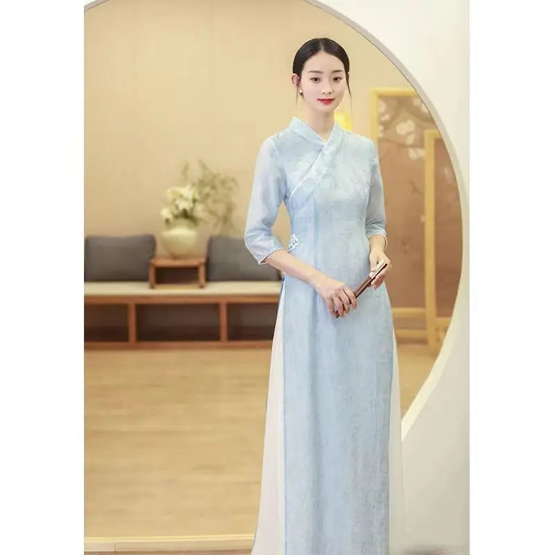 Modified Style Cheongsam Young Simple Elegant Retro Chinese Style Modern Long Qipao High-end Oriental Wedding Party Floral Dress - Seprincess