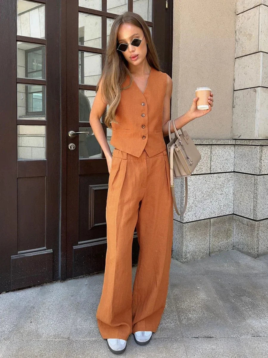 Wolfeel Womem Linen Cotton Chic Vest ＆ Pants Suit Two-Piece Set Office Ladies Summer Chic 2 Piece Sets Womens Outfits - Seprincess