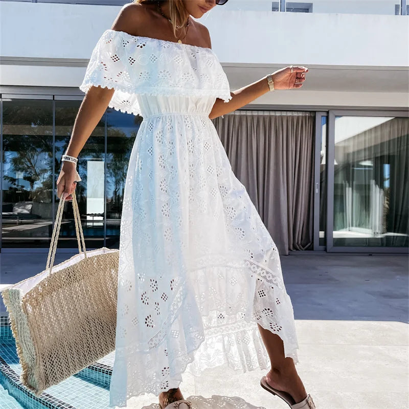 Elegant White Long Lace Dress Woman Off Shoulder Uncovered Short Sleeves Dress 2024 Summer Casual Boho Cover-ups Beachwear - Seprincess