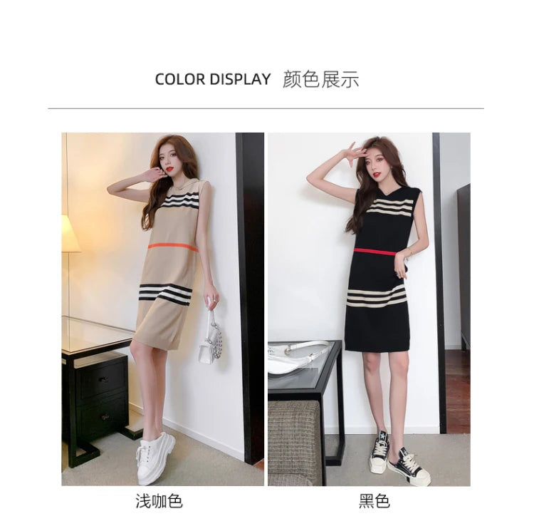 YUQI Basic Striped Knitted Dress Summer Casual Loose Hooded Sleeveless Knee-Length Dresses for Women 2024 Elegant Sweet Vestidos - Seprincess