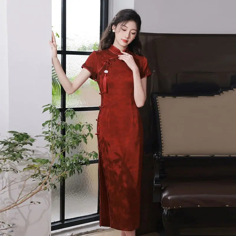 Wine Red Qipao Cheongsam 2023 Chinese Dress Women Classic Mandarin Collar Bridal  Evening Party Gown Young Girls Long Dress - Seprincess