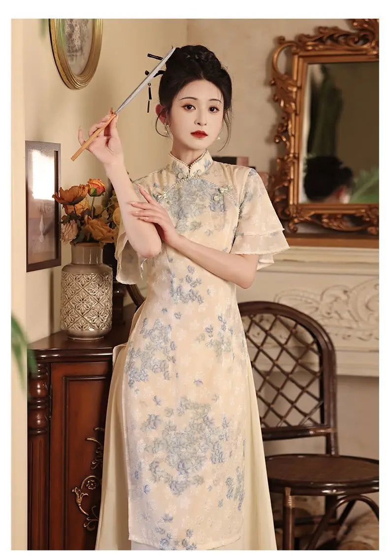 Improved Qipao 2024 New Summer Modern Chinese Style Blue Jacquard Short Sleeve Cheongsam For Women Youth Girls Long Party Dress - Seprincess