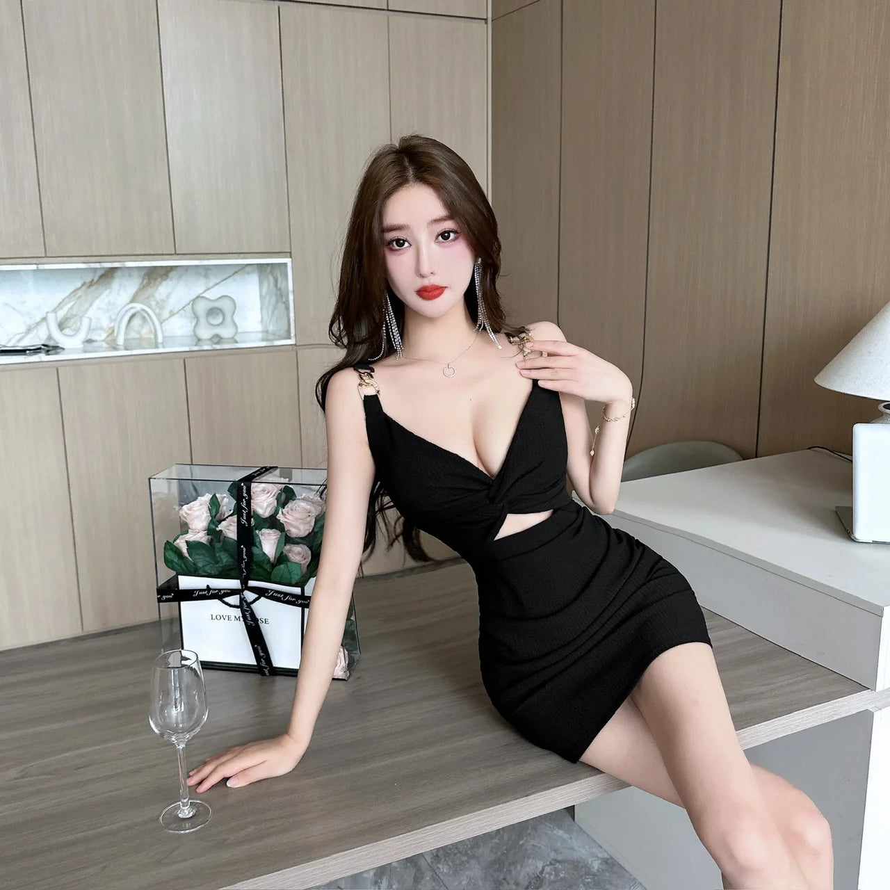 Kimotimo Women Sexy V Neck Hollow High Waist Clubbing Dress Temperament Sleeveless Backless Slim Fit Party Mini Dresses Summer