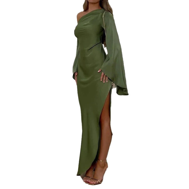 Green Asymmetrical Slim Women Robe Dress Sexy Off Shoulder Long Sleeved Party Dress 2024 Autumn Elegant Side Split A-line Dress - Seprincess