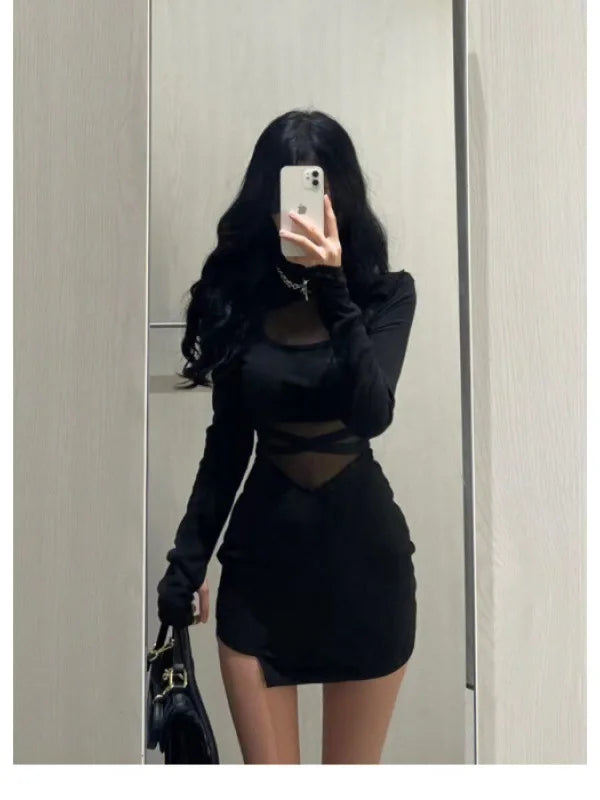 Pile Up Sleeves New Sexy Black Fishbone Dress Personalized Slim Women Dress Thin Gauze Perspective Wrap Around Buttocks  F8Q3 - Seprincess