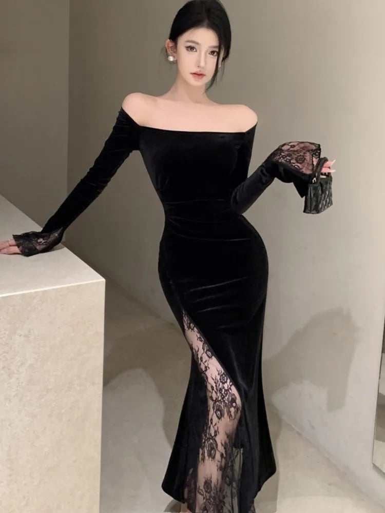 Women's Sexy Black Velvet Dress Elegant Chic Off Shoulder Lace Split Evening Party Dresses Autumn Female Bodycon Vestidos Mujer - Seprincess