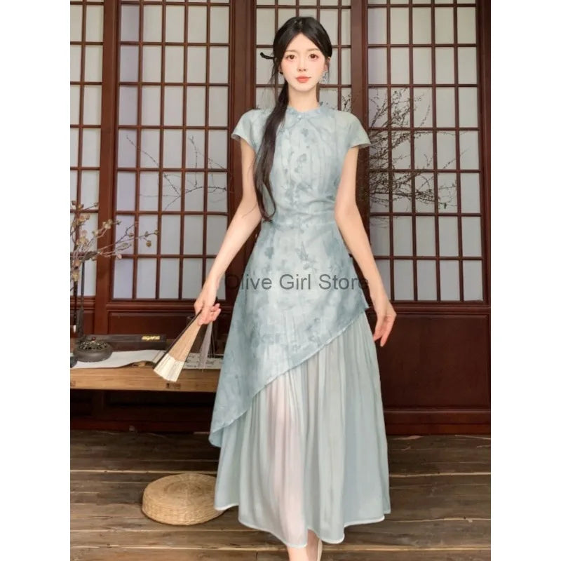 Summer Dress Short Sleeved Dreen Women's Cheongsam Qipao Traditional Improved Slim A-line Long Dress Irregular High-end Elegant - Seprincess