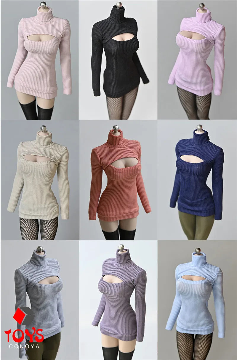 1/6 Scale Female Sweater Slim Elastic High Neck Knit Pullover Sexy Open Chest Tops Mini Sweater Dress for 12" Action Figure - Seprincess