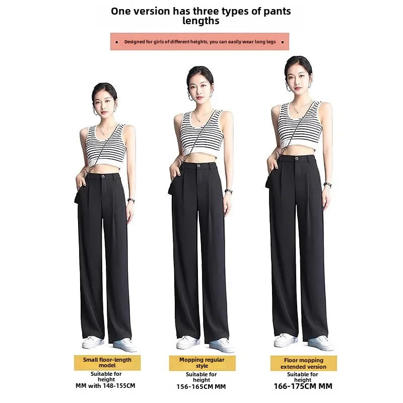 Plus Size High-waisted Thin Black Casual Trousers Women's Summer Ice Silk Bell Bottoms Straight-leg Pants For Ladies