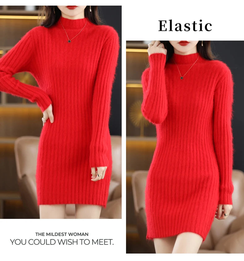 Women's High Collar Winter Warm Long Sleeve Solid Mink Cashmere Korean Version Loose Luxury Soft Cashmere Knitted Fit Dress