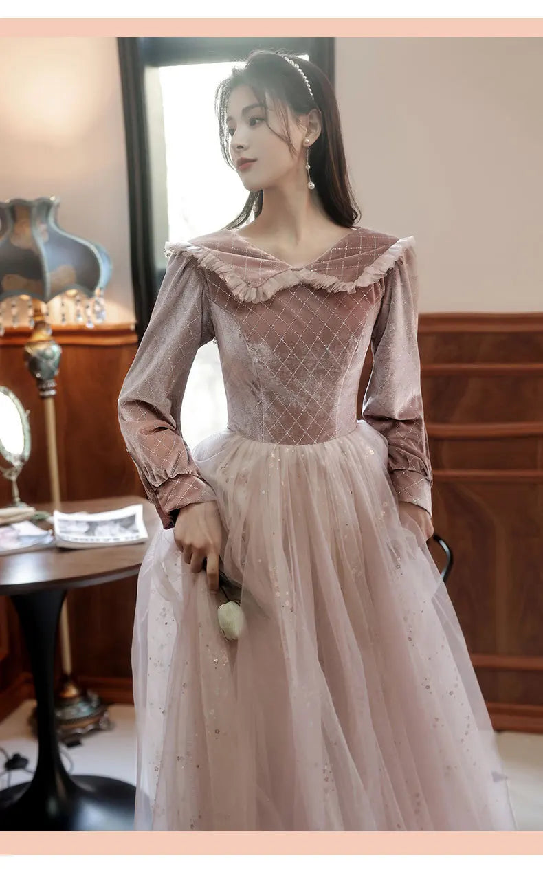 Autumn Winter Bridesmaid Dress New Women's Long Sleeve Corduroy Lace Splicing Style Dress Wedding Sisters Group Evening Dresses