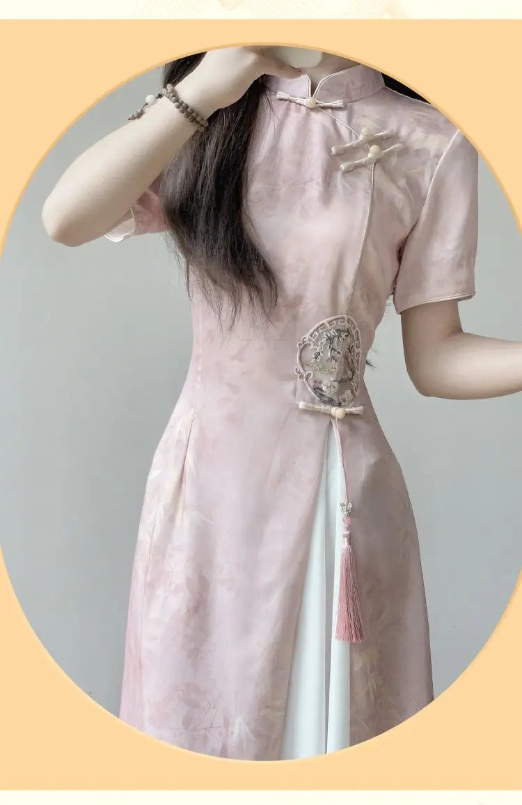 Elegant Pink Stand Collar Short Sleeve Ao Dai Vietnamese Dress for Women Chinese Style Printed Cheongsam Dresses Qipao XL 2XL - Seprincess