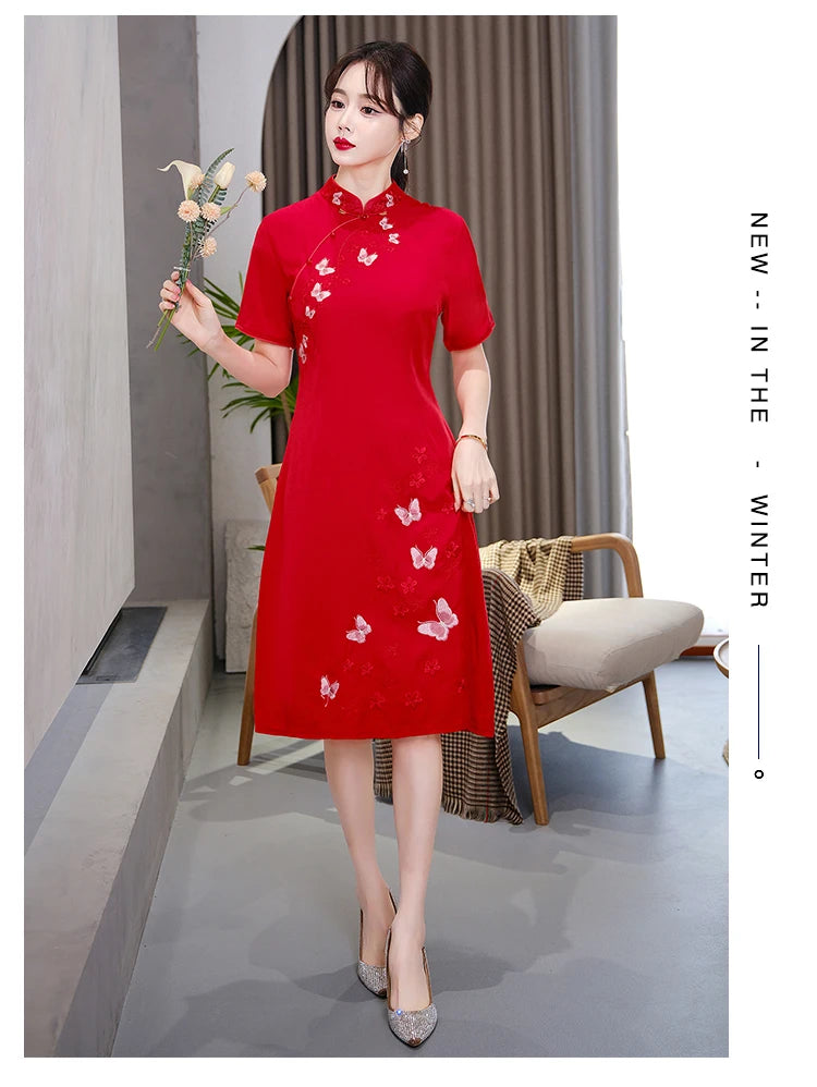 Retro Ethnic Style Chinese Traditional Qipao Dress Fashion Embroidered Improved Red Cheongsam CNY - Seprincess