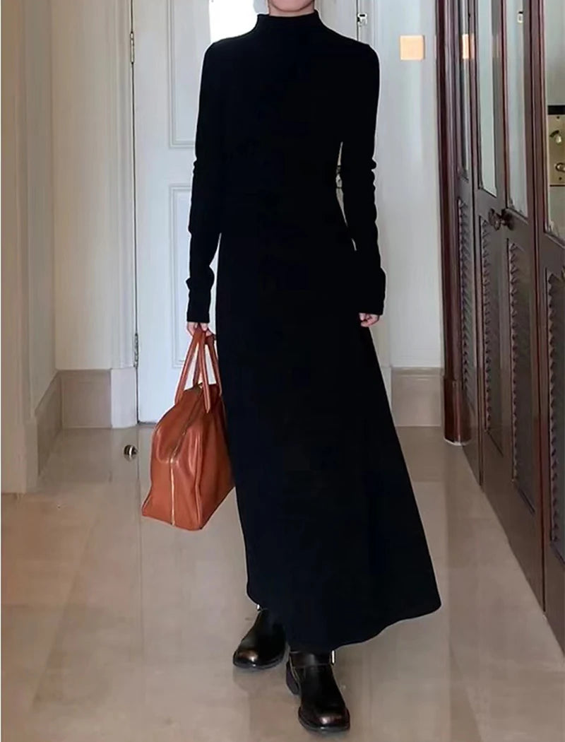 Autumn Half Turtleneck Dress Women Korean Elegant Black Hepburn Style Midi Dress Y2K High Waist Long Sleeve Warm A Line Vestidos - Seprincess