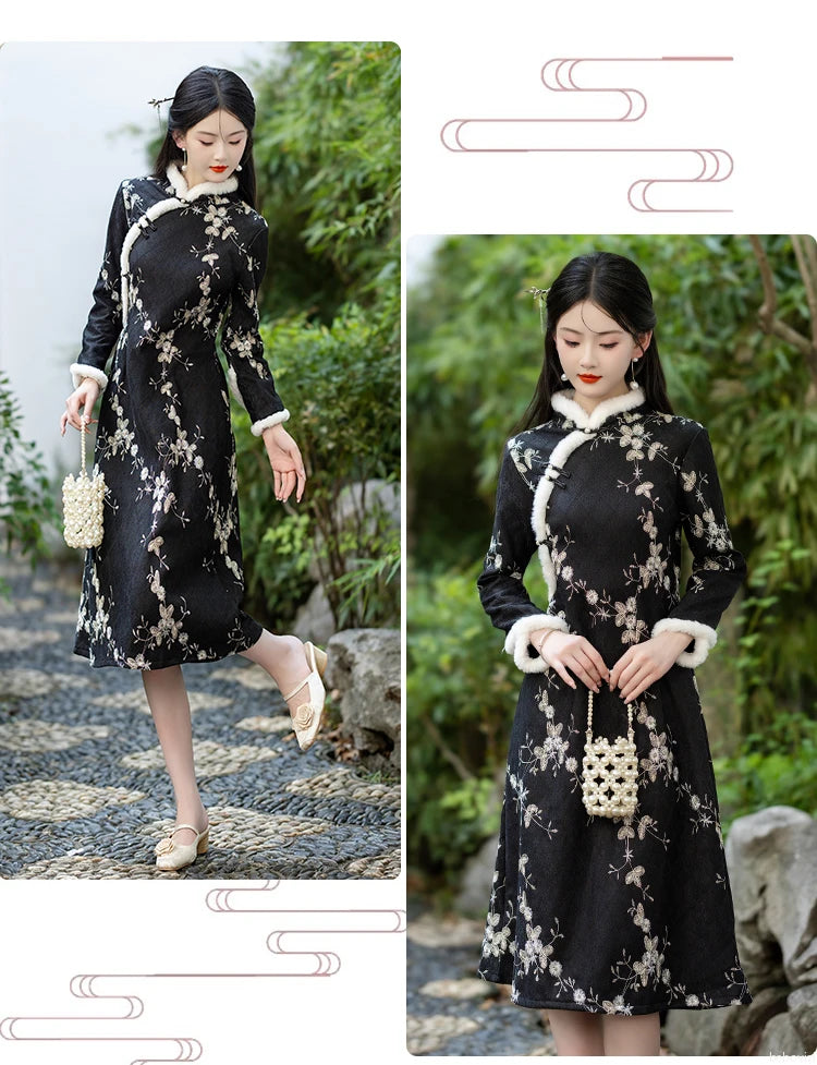 Fashion Chinese Style Traditional Fleece Thick Qipao Dress Winter New Printed Black Cheongsam for Women - Seprincess