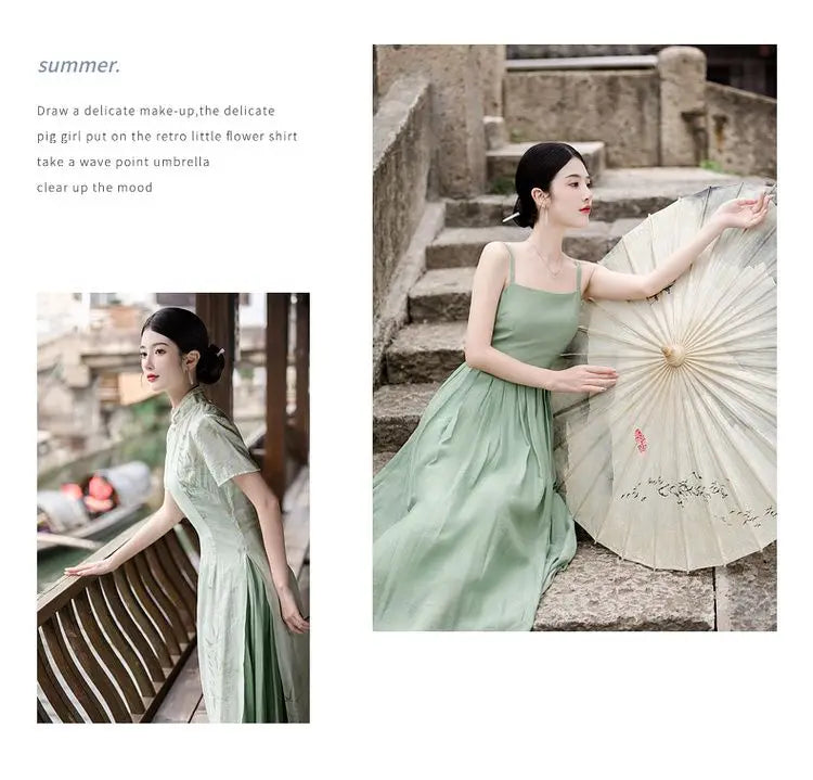 Retro Chinese Style Short Sleeve Qipao Two-piece Set Women New Chinese Style Green Improved Cheongsam Summer Long Dresses - Seprincess