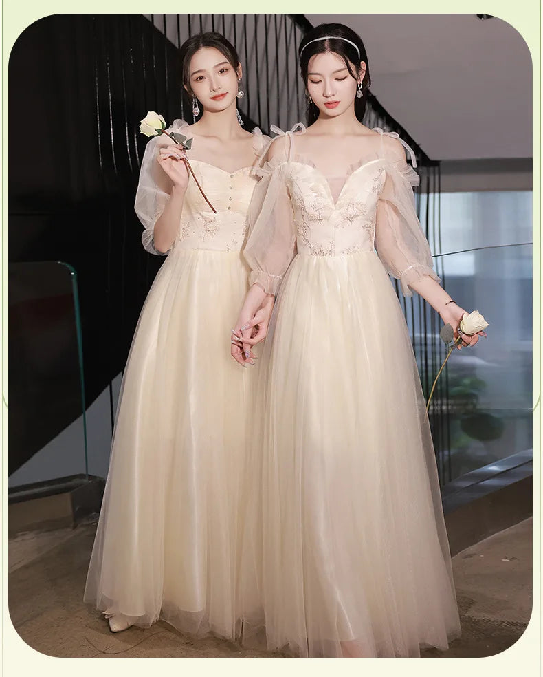 Champagne Bridesmaid Dress Women's Sweet Tulle Embroidery New Temperament Sisters Evening Dresses A-Line Wedding Party Gown - Seprincess