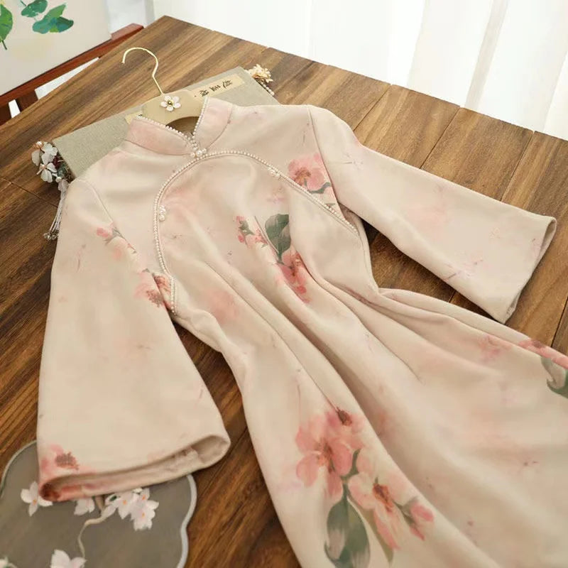 Autumn Elegant Slim Chinese Traditional Dress Women Hanfu Long Sleeve Qipao Shawl Two-piece Set Female Vestido Chino Cheongsams - Seprincess