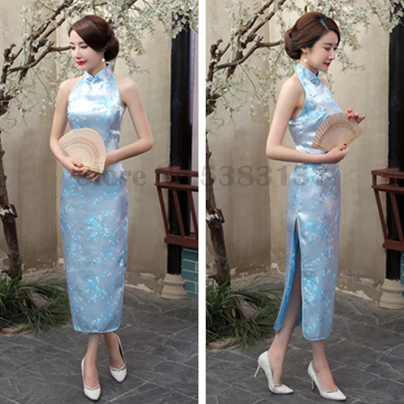 Plus Size 3XL Qipao Sexy Backless Sleeveless Cheongsam Retro Classic Brocade Chinese Vestidos Traditional Printed Flower Dress - Seprincess