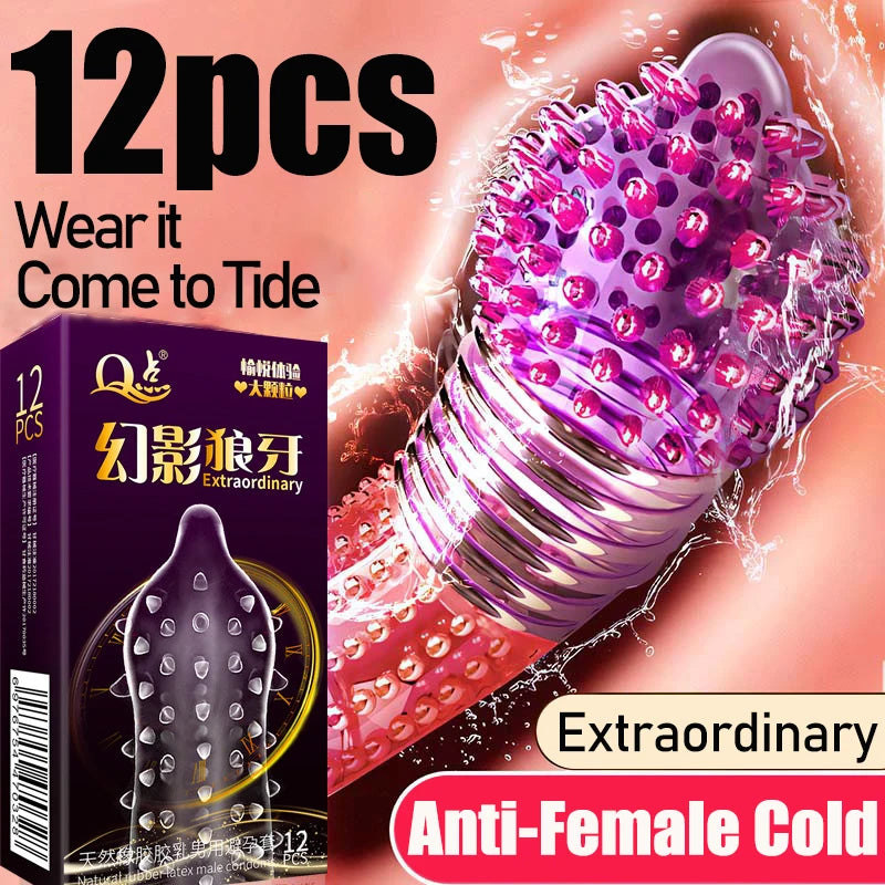 12pcs Large Pellet Condom Wolf's Teeth Barbed  Male Granular Stimulation Women Contraception Penis Sleeves Sex Products Adult - Seprincess