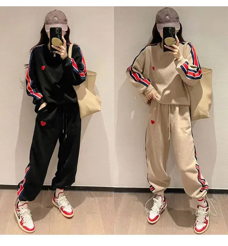 Autumn Cute Love Embroidery Pant Sets Two Pieces Tracksuits Khaki Side Striped Sweatshirt Women Girls Loose Sporty Korean Style - Seprincess