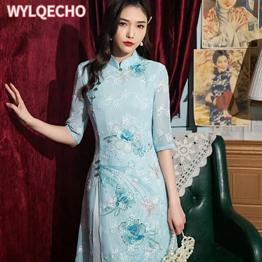 Blue Pink Chiffon Embroidery Cheongsam Mid Long Slim Mother Dress Elegant Traditional Evening Dresses Plus Size Qipao - Seprincess