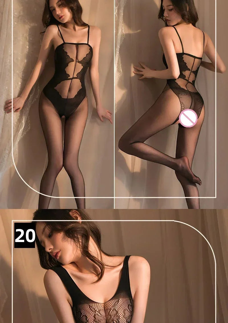 Sexy Lingerie Fishnet Bodysuit Hollow Out Erotic Teddies Open Crotch Mesh Body Stockings Porno Underwear Costumes for Women Lady