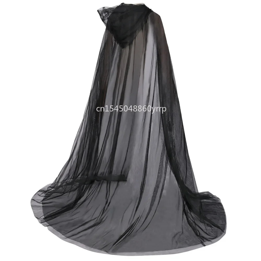 Women Medieval Fairy Shawl Cape Chiffon Gothic Wicca Robe Black White Cosplay Victorian Dress Cloak Halloween Costume for Women - Seprincess