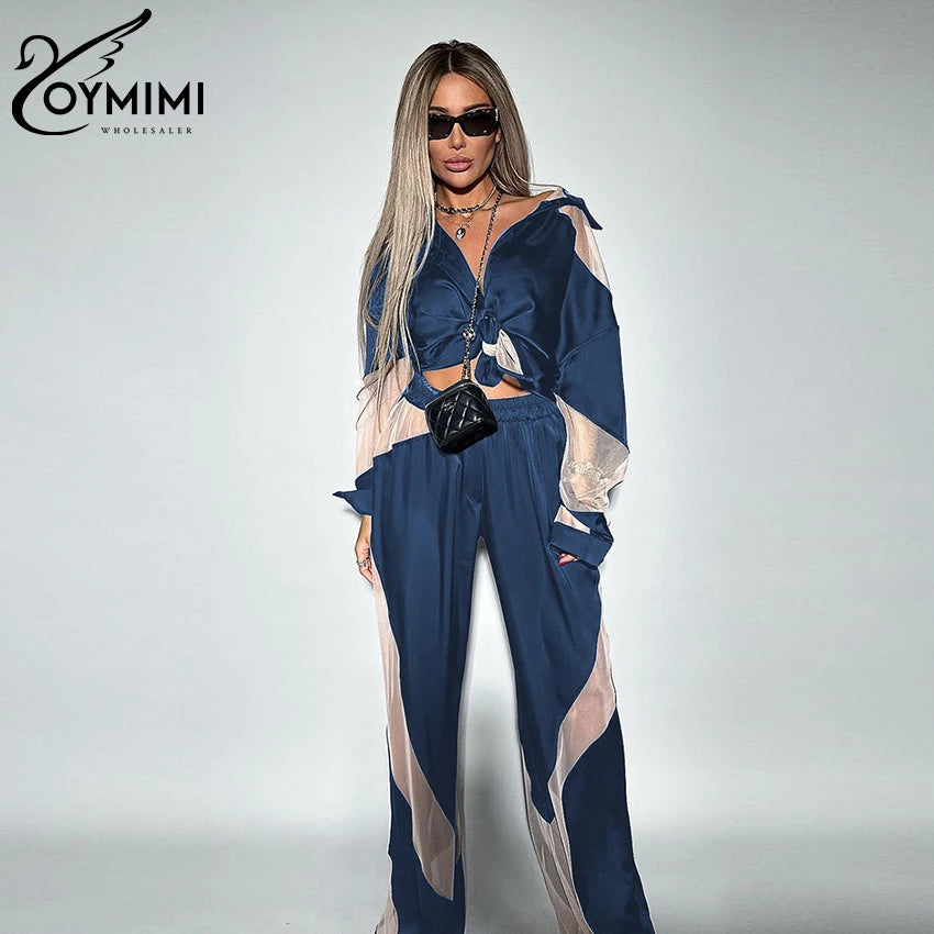 Oymimi Fashion Black Satin Patchwork 2 Piece Set Women Outfit Streetwear Long Sleeve Shirt With High Waist Pant Sets Y2k Clothes - Seprincess