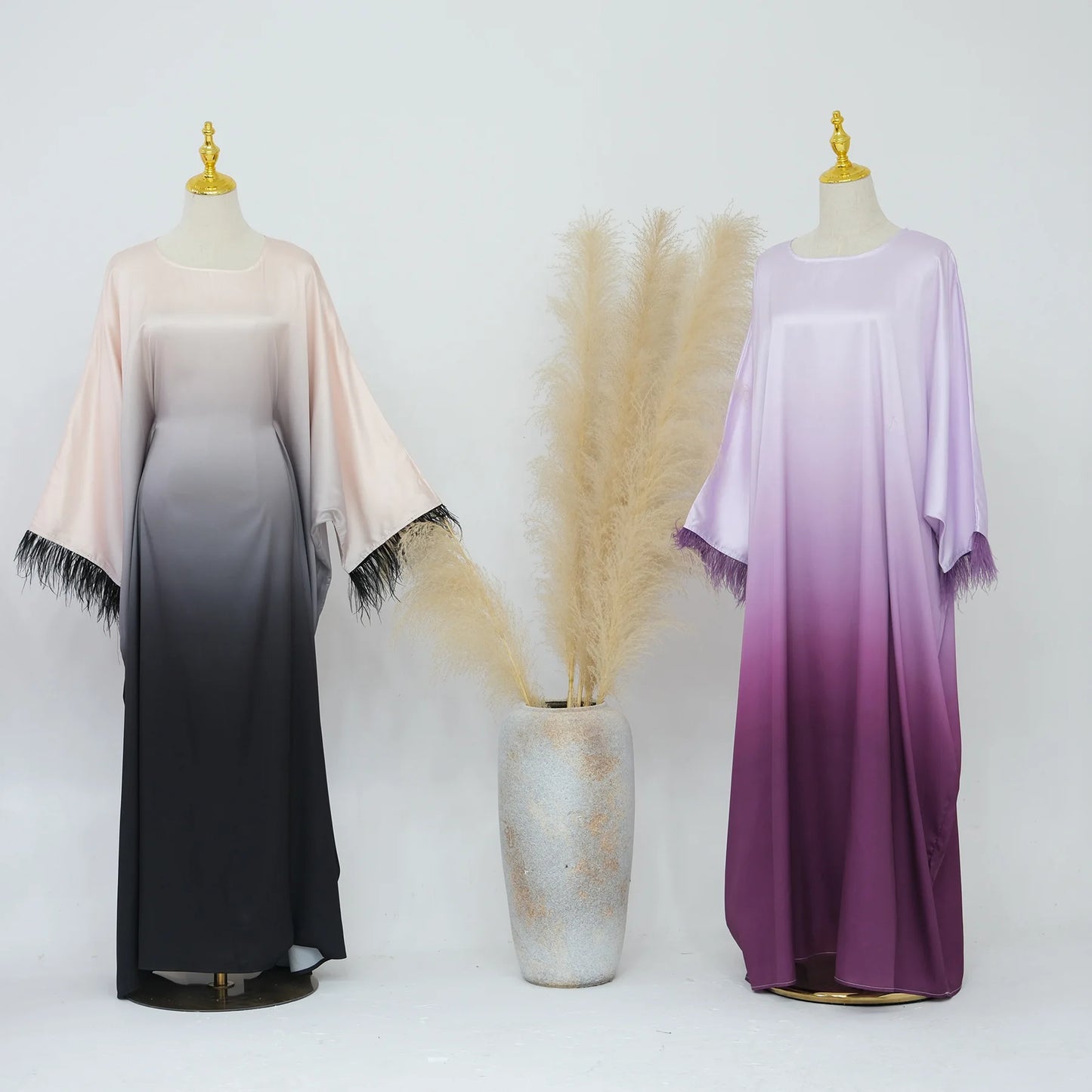 Fashion Shiny Feather Cuff Muslim Dress Robe Female Full Length Soft Butterflies Abaya Muslim Dress Worship Service Abaya wy2073