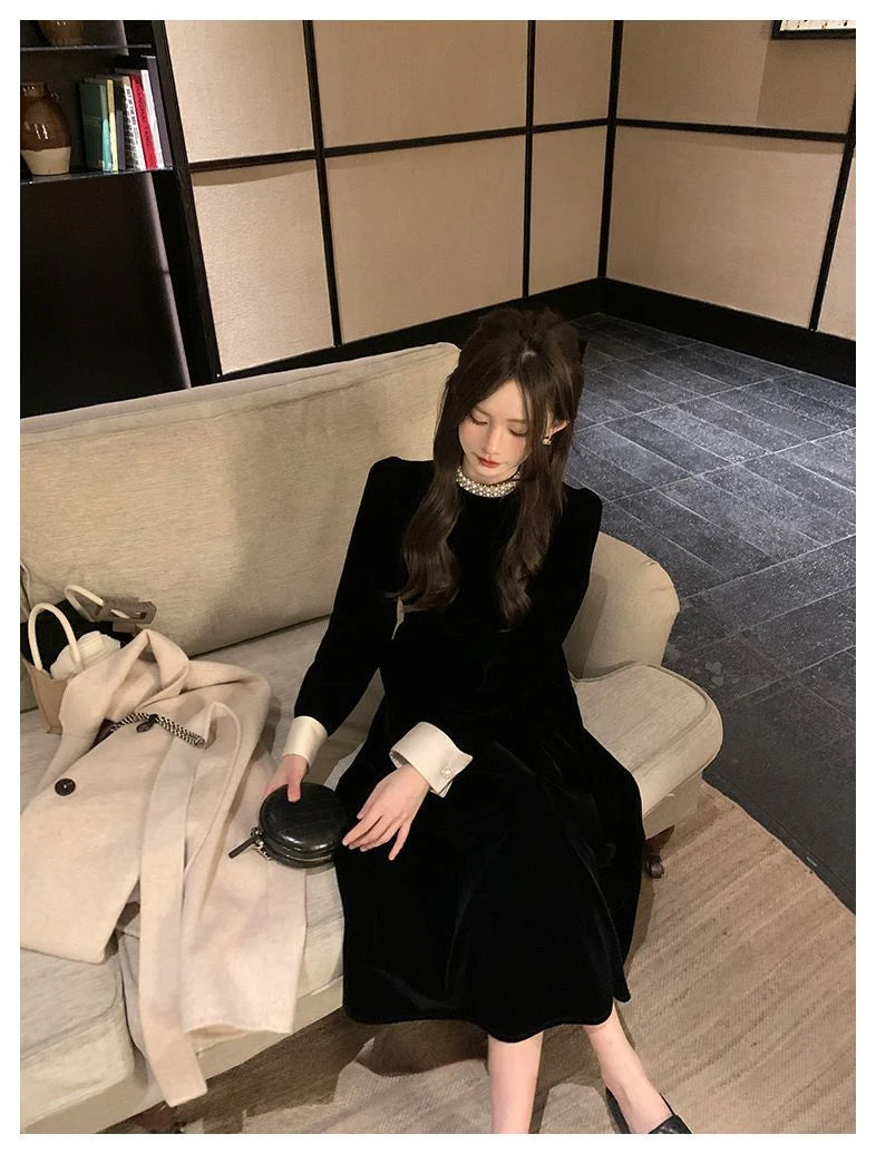 2024 Sweet Woman Party Dresses Korean Vintage Velvet Black Dress Patchwork Robe Elegant Clothes All Match Pearl Vestidos Mujer - Seprincess