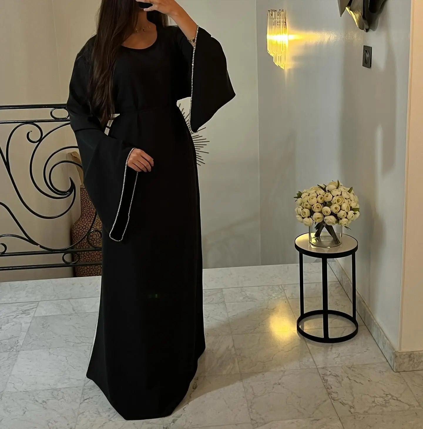 Eid Ramadan Party Dress for Women Muslim Abaya Diamond Flare Sleeve Long Dress Belt Morocco Kaftan Vestidos Dubai Robe Jalabiya - Seprincess