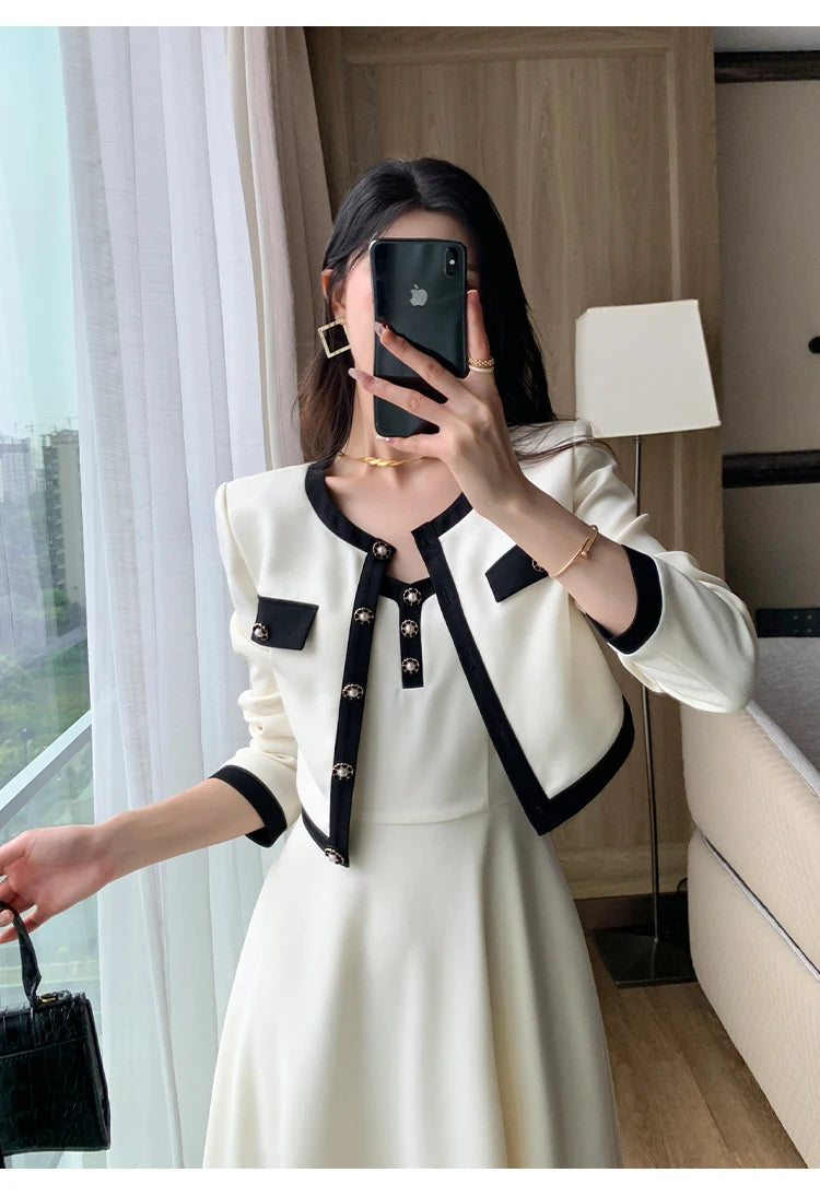 Fashion Korean Women Elegant Casual Dress Set Vintage Crop Jackets Sleeveless A-Line Strap Dress Two Pieces Set Female Clothes - Seprincess