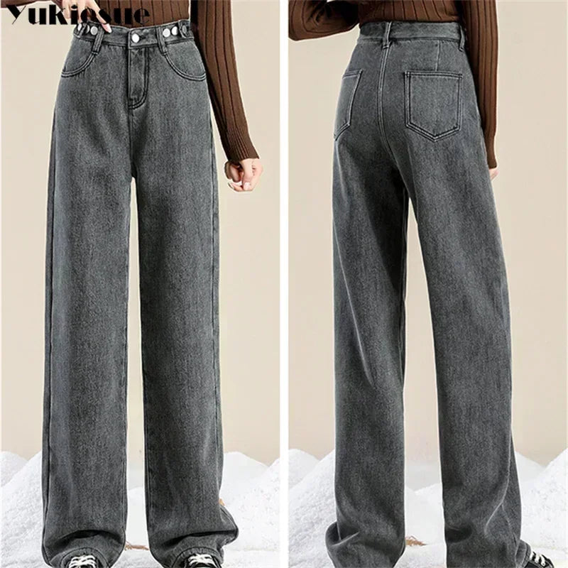 Women Pants 2023 Winter Fashion Korean Edition New Style Versatile High Waist Straight Cylinder Thick Fleece Wide Leg Jeans