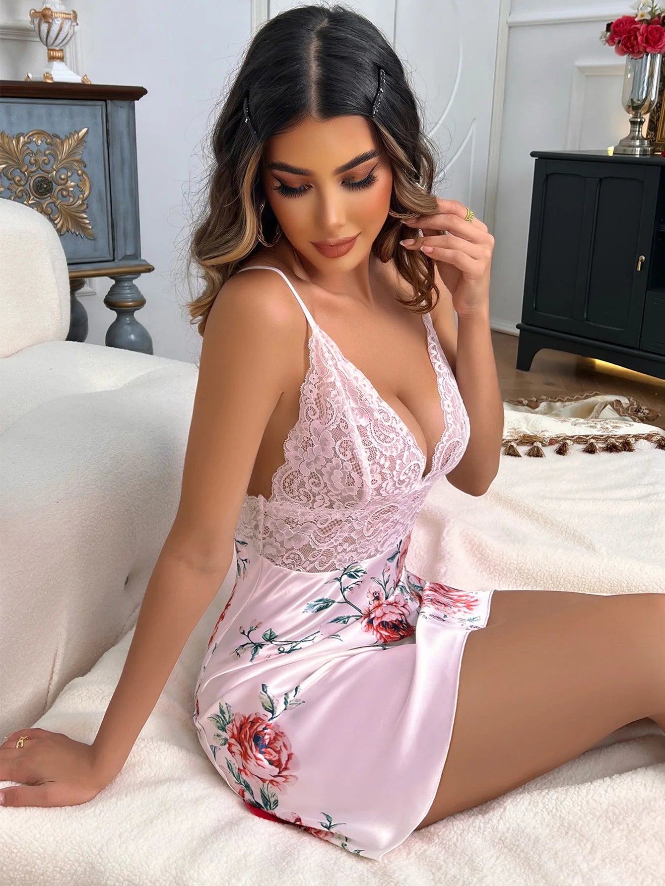 lingerie Lace rose suspender deep V-shaped silk nightgown Held sexy open crotch xxx Underwear women Sexy costume - Seprincess