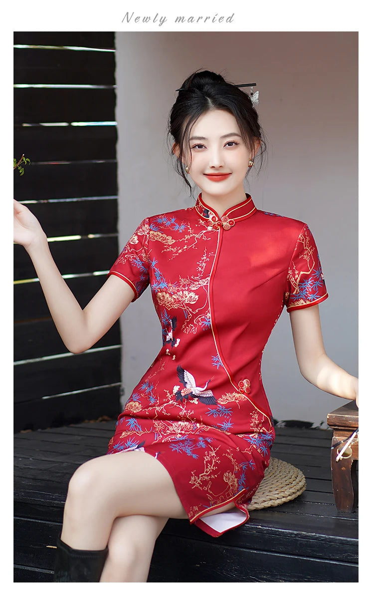 Red Chinese Style Modern Cheongsam Summer New Improved Stitching Short Women's Qipao Dress - Seprincess