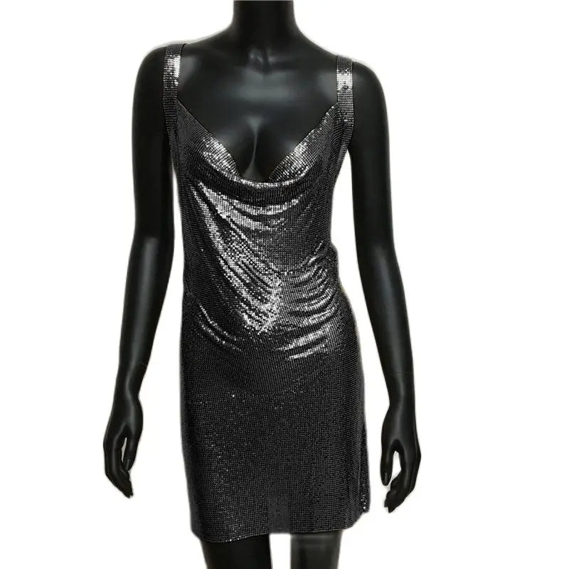 Sexy Metallic Sequin Mini Dress For Women Backless Cocktail Club Glitter Low Cut Halter Dress Rave Party Nightclub Dresses - Seprincess