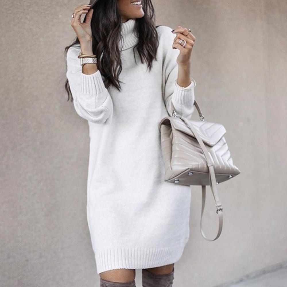 Women Winter Loose Dress Knee-length Dress Women Long Sleeve Autumn Turtleneck Warm Knitted Sweater Knee-length Dress - Seprincess