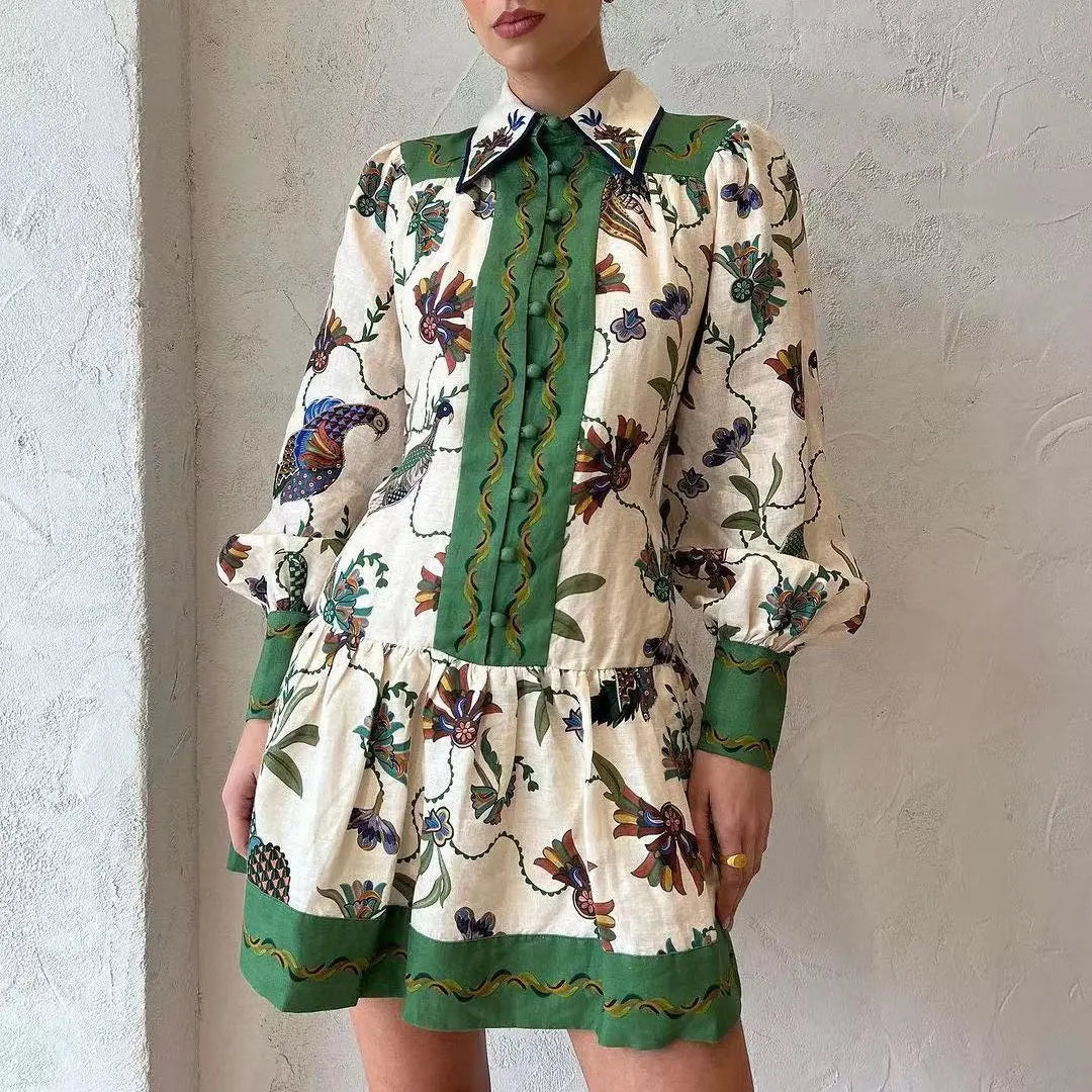 Long-sleeved Short Dress Flower Girl Floral Print Long-sleeved Lantern Sleeve Dress Lapel Graffiti Print Lace-up Dress For Women - Seprincess