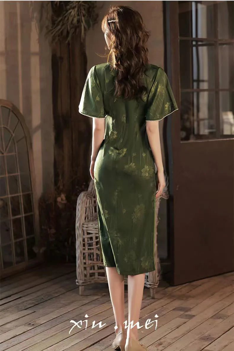 Cheongsam Dress Modern 2024 Women Improved Qipao New Long Waist Chinese Style Dress Sweet Green Chinese Dress Woman - Seprincess