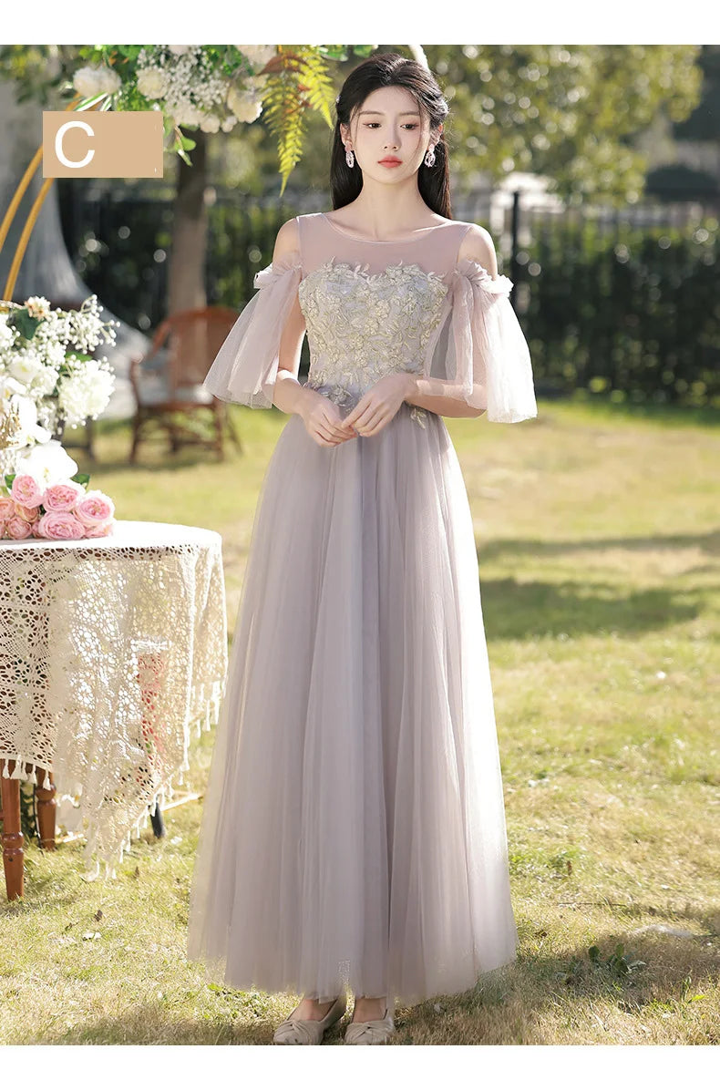 Temperament Grey Bridesmaid Dress Long Wedding Sisters Group Gown Elegant Applique Tulle Off Shoulder Banquet Party Vestido